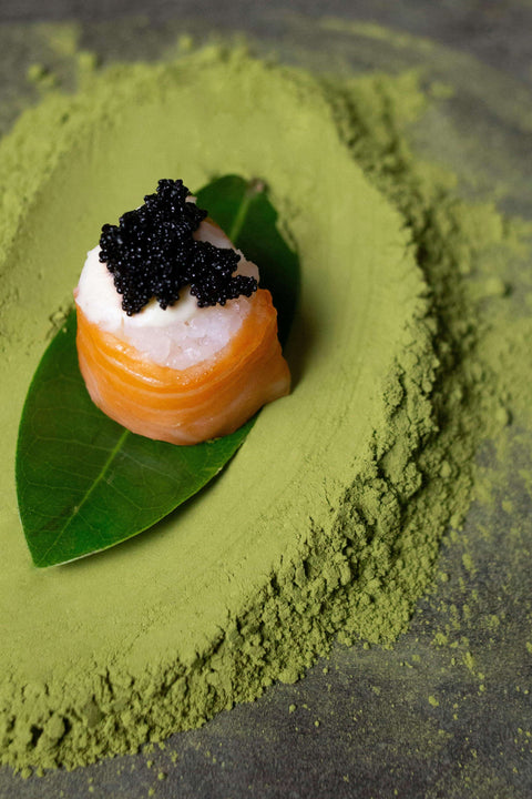 Close-up view of glossy Kaluga Amur Caviar pearls